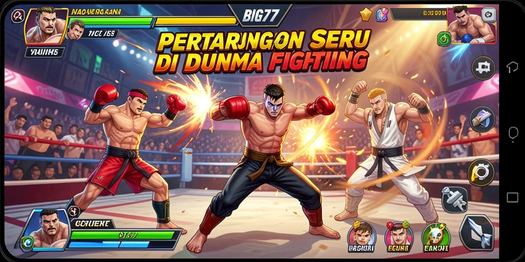 Tangkapan layar gameplay BIG77 dengan pertarungan seru dan karakter unik.