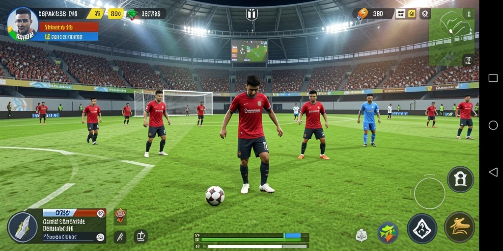 Tampilan seru gameplay C789 dengan aksi sepak bola yang mendebarkan.