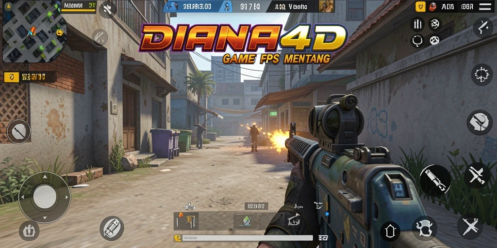 Screenshot gameplay DIANA4D menunjukkan tindakan tembak-menembak intens.