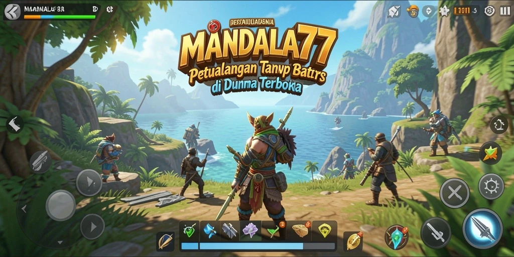 Tangkapan layar gameplay <strong>MANDALA77</strong> memperlihatkan petualangan di dunia terbuka yang luas.