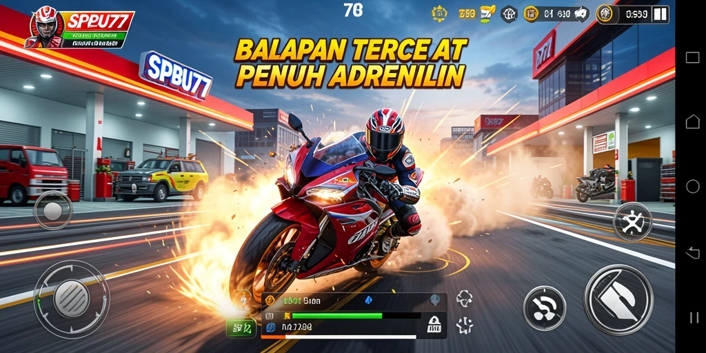 Tampilan gameplay SPBU77 dengan balapan motor yang mendebarkan.